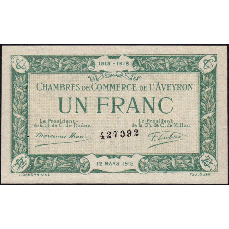 Rodez et Millau - Pirot 108-5 variété - 1 franc - Sans série - 12/03/1915 - Etat : SUP+