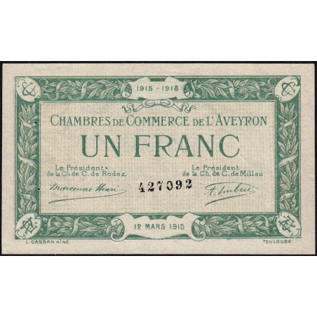 Rodez et Millau - Pirot 108-5 variété - 1 franc - Sans série - 12/03/1915 - Etat : SUP+