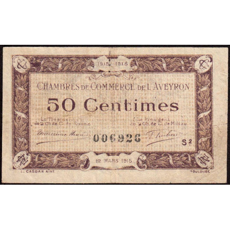 Rodez et Millau - Pirot 108-8 - 50 centimes - Série 2 - 12/03/1915 - Etat : TTB-