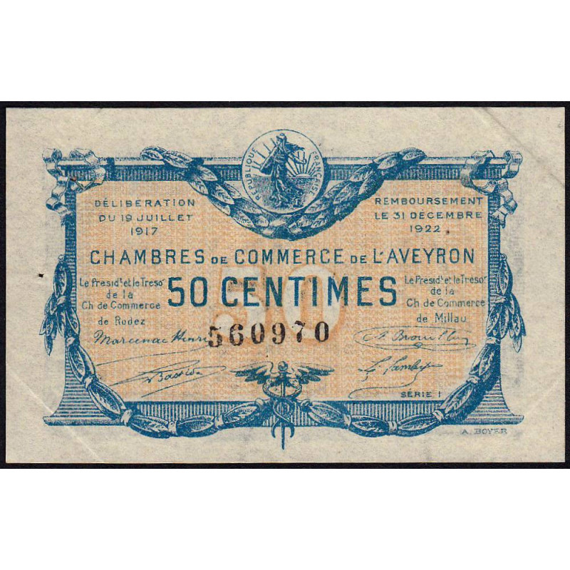 Rodez et Millau - Pirot 108-11 variété - 50 centimes - Série 1 - 19/07/1917 - Etat : SUP