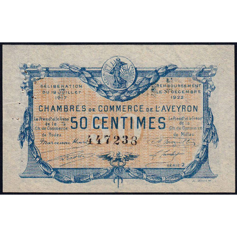 Rodez et Millau - Pirot 108-11 variété - 50 centimes - Série 2 - 19/07/1917 - Etat : SUP