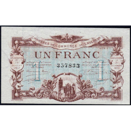 Rodez et Millau - Pirot 108-14 variété - 1 franc - Série 1 - 19/07/1917 - Etat : SUP+