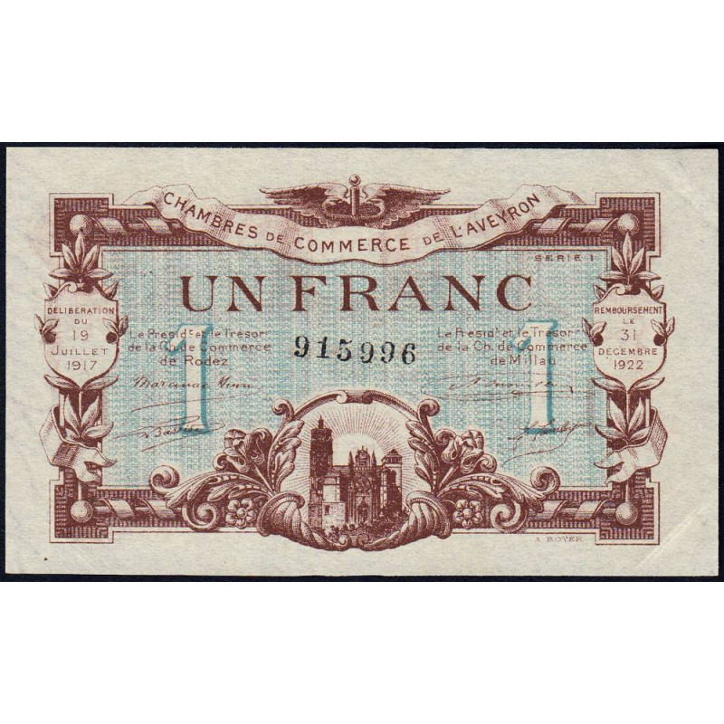 Rodez et Millau - Pirot 108-14 variété - 1 franc - Série 1 - 19/07/1917 - Etat : SUP+
