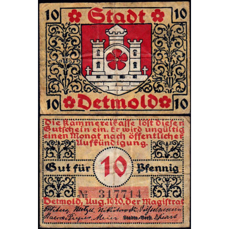 Allemagne - Notgeld - Detmold - 10 pfennig - 08/1920 - Etat : TB