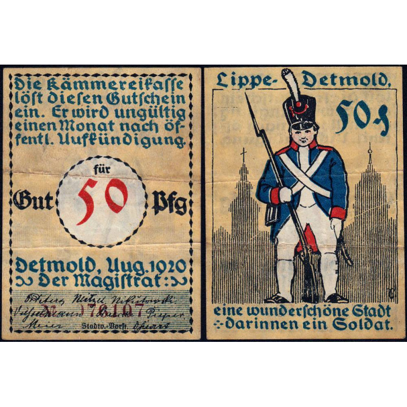 Allemagne - Notgeld - Detmold - 50 pfennig - Réf. 1g - 08/1920 - Etat : TB