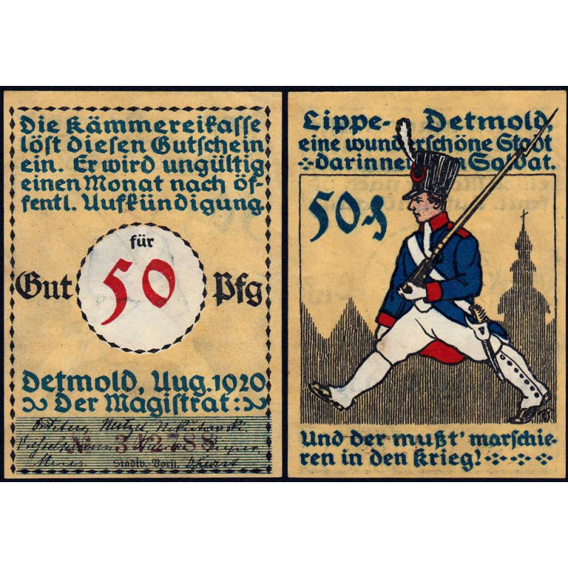 Allemagne - Notgeld - Detmold - 50 pfennig - Réf. 2c - 08/1920 - Etat : SPL