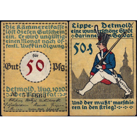 Allemagne - Notgeld - Detmold - 50 pfennig - Réf. 3a - 08/1920 - Etat : SUP