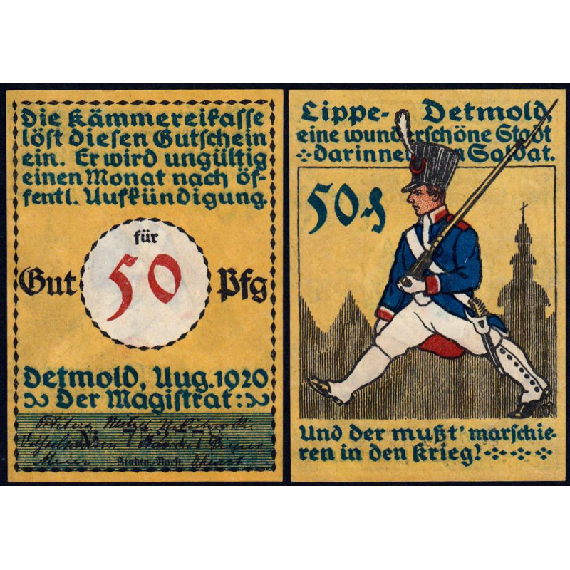 Allemagne - Notgeld - Detmold - 50 pfennig - Réf. 5a - 08/1920 - Etat : SPL+