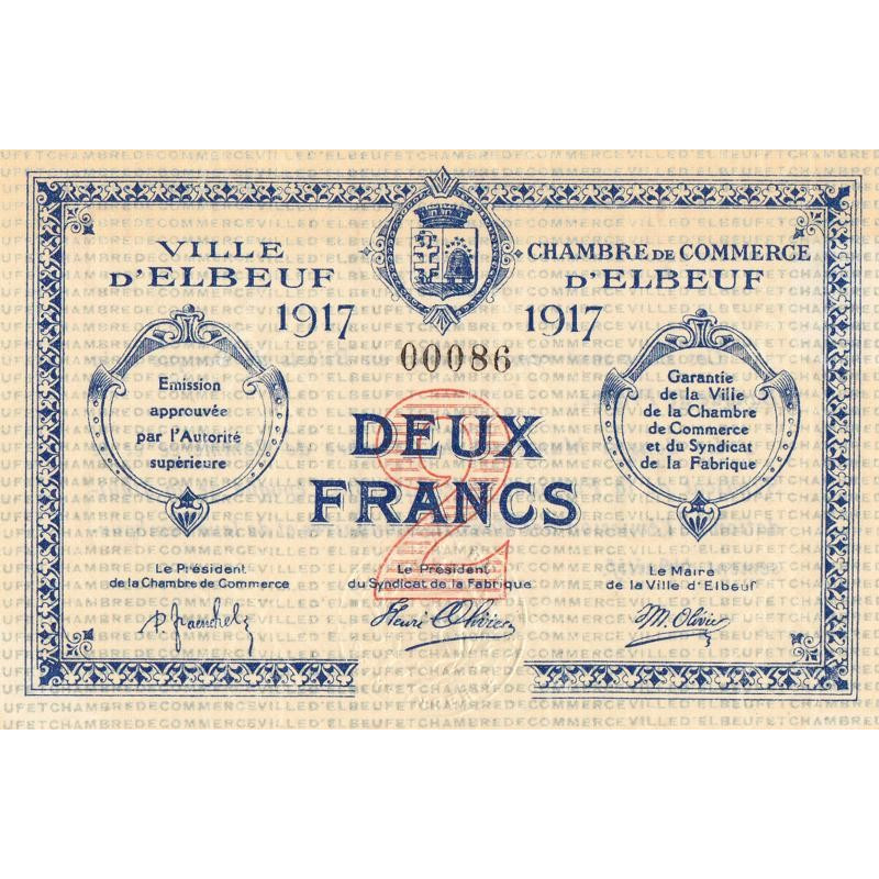 Elbeuf - Pirot 55-13 - 2 francs - 1917 - Petit numéro - Etat : SPL