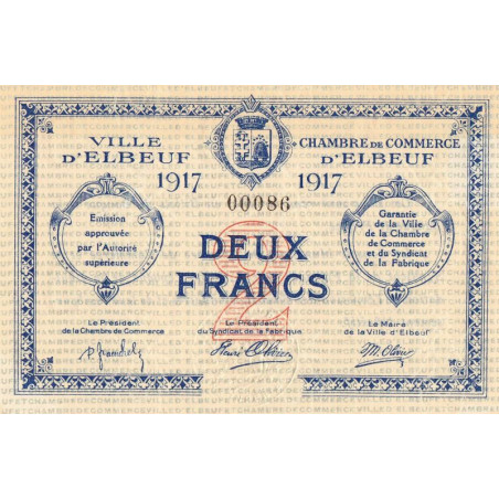 Elbeuf - Pirot 55-13 - 2 francs - 1917 - Petit numéro - Etat : SPL