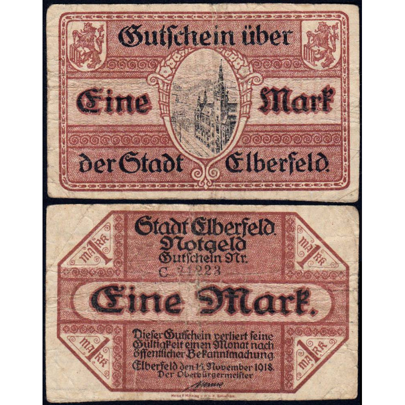 Allemagne - Notgeld - Elberfeld (Wuppertal) - 1 mark - Série C - 15/11/1918 - Etat : TB