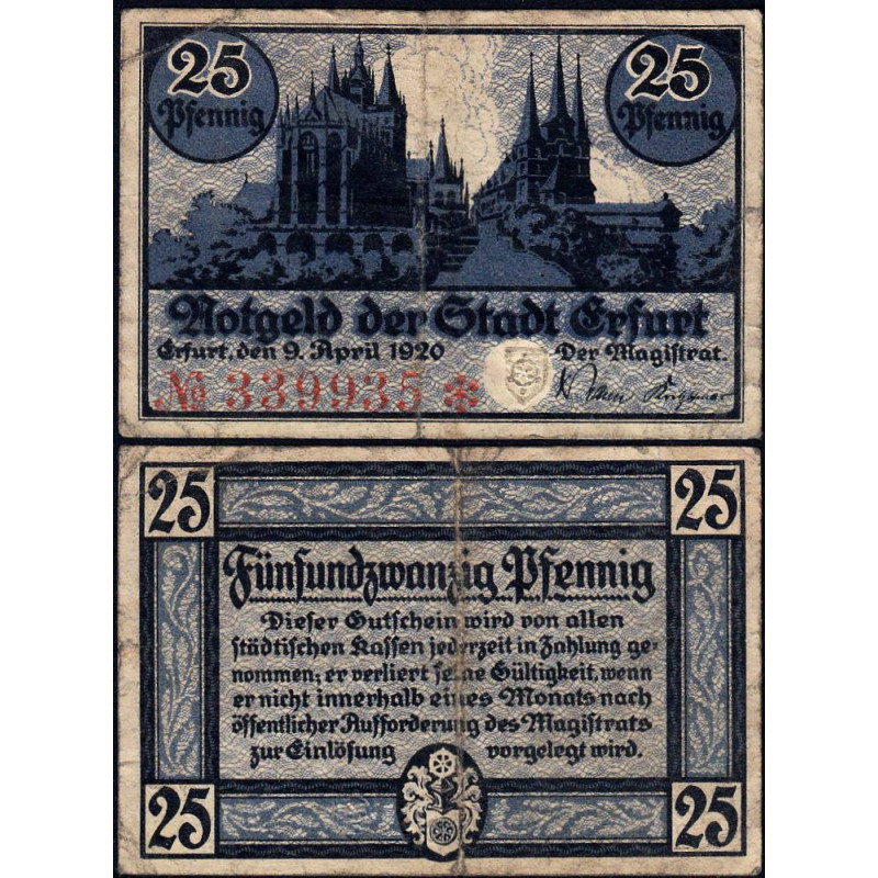 Allemagne - Notgeld - Erfurt - 25 pfennig - 09/04/1920 - Etat : TB