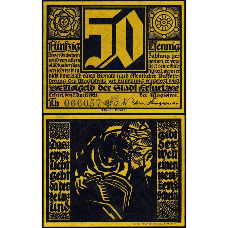 Allemagne - Notgeld - Erfurt - 50 pfennig - 07/04/1921 - Lettres Th - Etat : SPL+