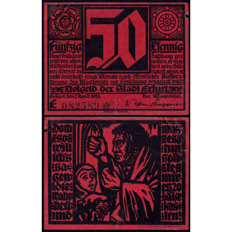 Allemagne - Notgeld - Erfurt - 50 pfennig - 07/04/1921 - Lettre E - Etat : TB