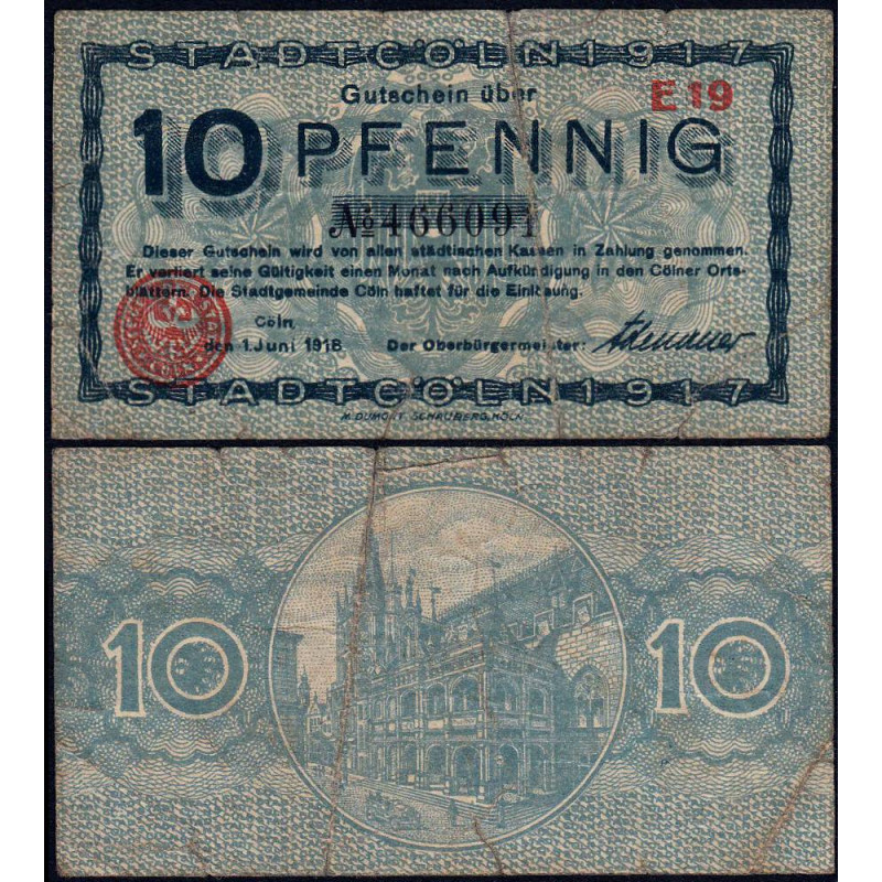 Allemagne - Notgeld - Köln - 10 pfennig - 01/06/1918 - Série E 19 - Réf K30.4 - Etat : B+