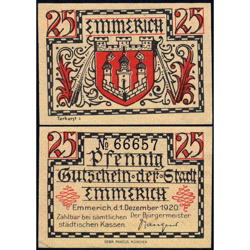 Allemagne - Notgeld - Emmerich - 25 pfennig - 01/12/1920 - Etat : SPL+