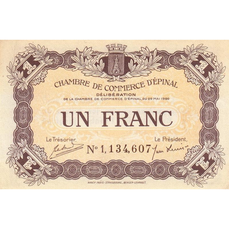 Epinal - Pirot 56-10a - 1 franc - Chiffre 1 - 1920 - Etat : SUP+