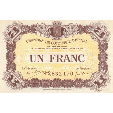 Epinal - Pirot 56-14a - 1 franc - Chiffre 2 - 1921 - Etat : SUP+