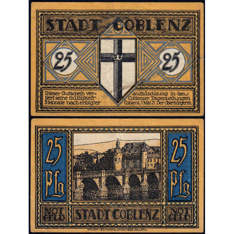 Allemagne - Notgeld - Coblenz - 25 pfennig - 01/05/1921 - Etat : TB+