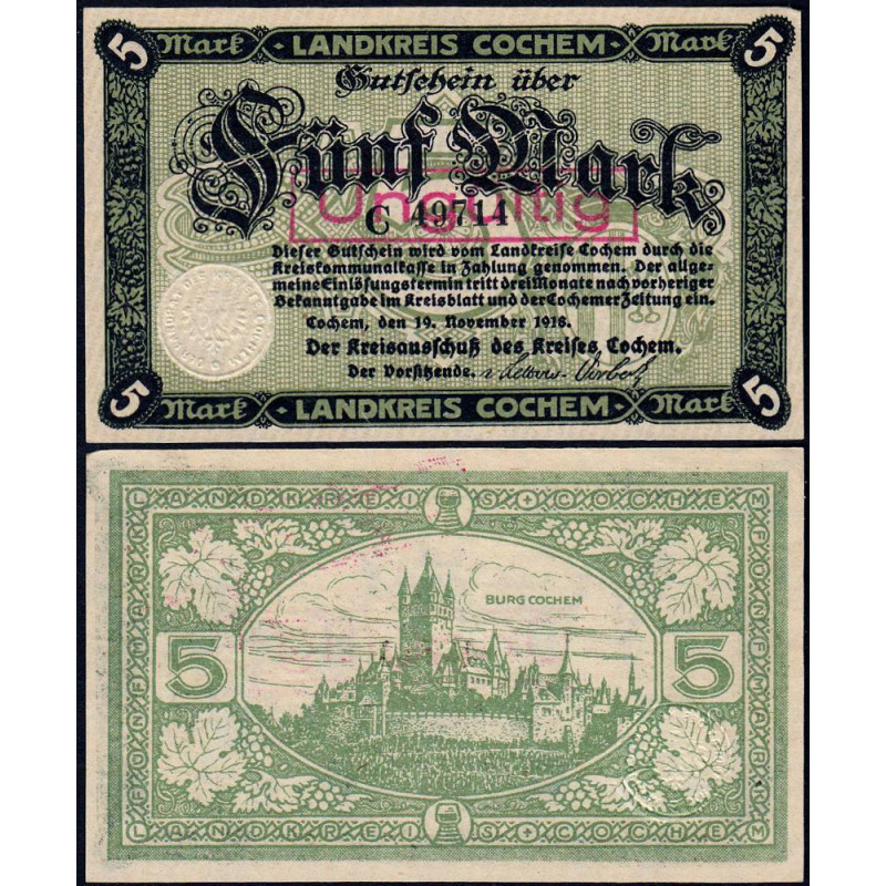 Allemagne - Notgeld - Cochem - 5 mark - 19/11/1918 - Série C - Etat : pr.NEUF