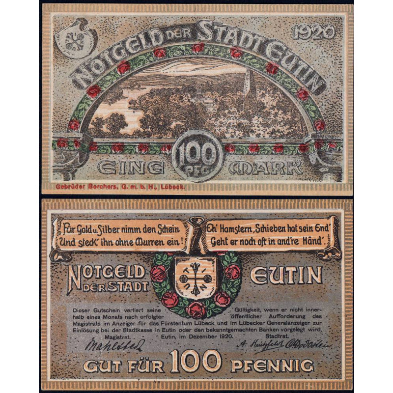 Allemagne - Notgeld - Eutin - 100 pfennig - 12/1920 - Etat : NEUF