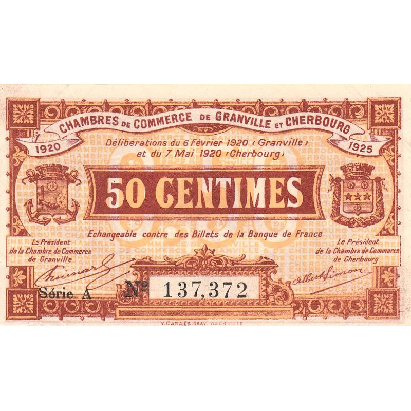 Granville & Cherbourg - Pirot 61-1 - 50 centimes - Série A - 06/02/1920 - Etat : SUP