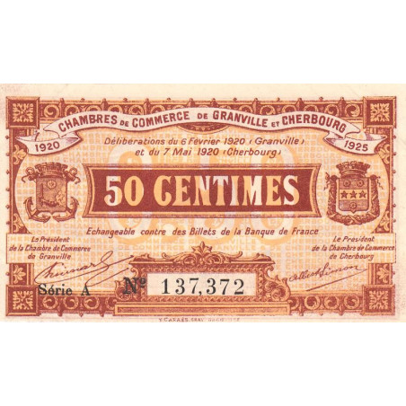 Granville & Cherbourg - Pirot 61-1 - 50 centimes - Série A - 06/02/1920 - Etat : SUP