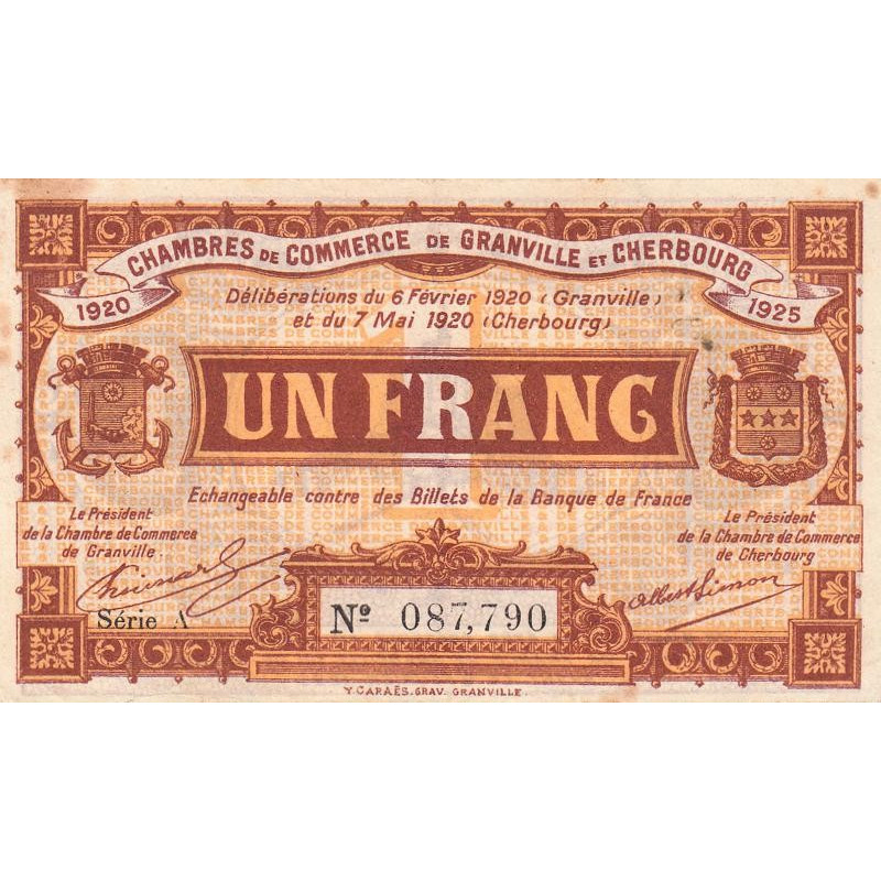 Granville & Cherbourg - Pirot 61-3 - 1 franc - Série A - 06/02/1920 - Etat : TB