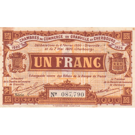 Granville & Cherbourg - Pirot 61-3 - 1 franc - Série A - 06/02/1920 - Etat : TB