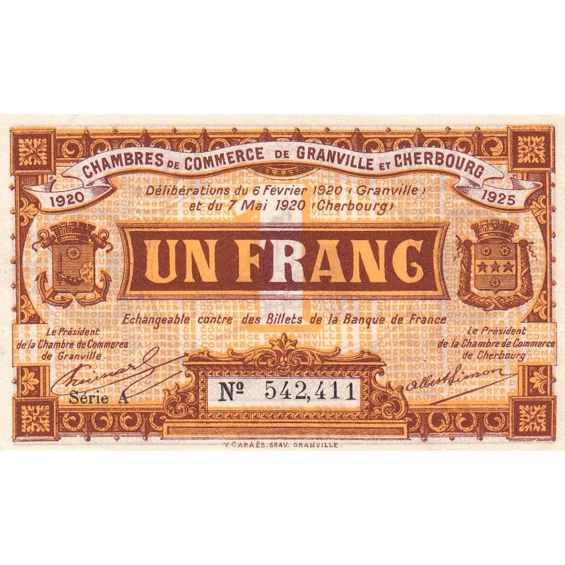 Granville & Cherbourg - Pirot 61-3 - 1 franc - Série A - 06/02/1920 - Etat : SUP+