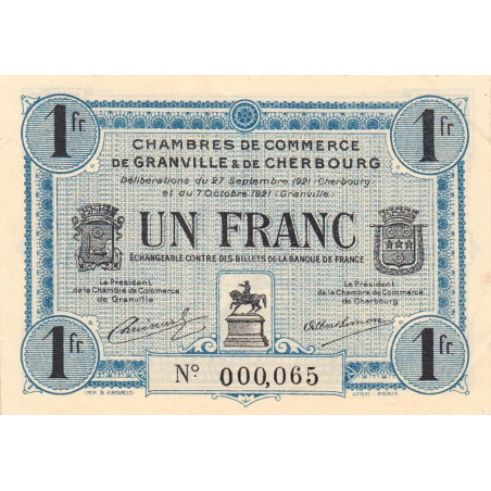 Granville & Cherbourg - Pirot 61-8 - 1 franc - 27/09/1921 - Petit numéro - Etat : SUP+