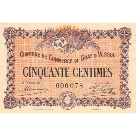 Gray & Vesoul - Pirot 62-1 - 50 centimes - 1915 - Petit numéro - Etat : SPL
