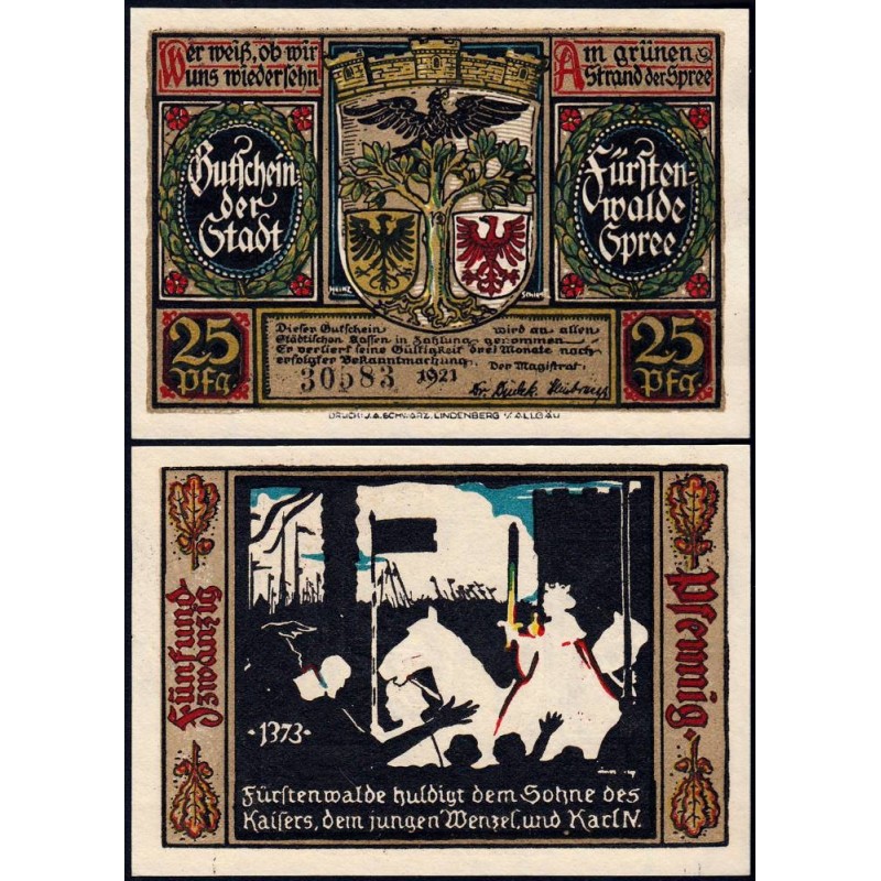 Allemagne - Notgeld - Fürstenwalde - 25 pfennig - Type 3 - 1921 - Etat : NEUF