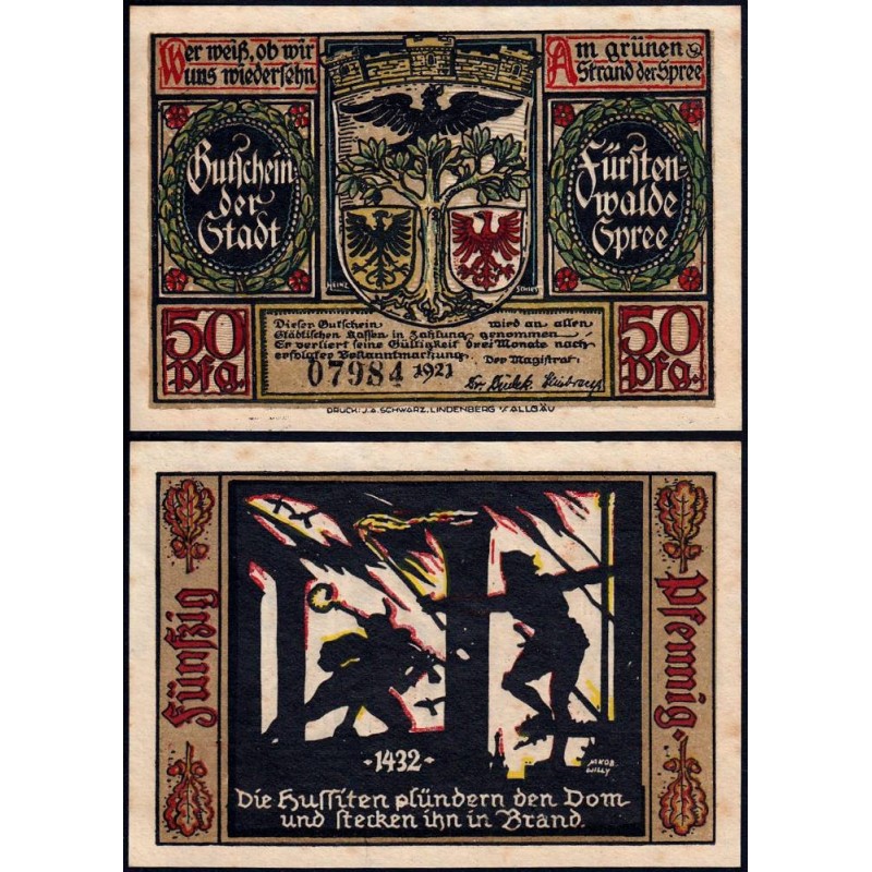 Allemagne - Notgeld - Fürstenwalde - 50 pfennig - Type 3 - 1921 - Etat : SUP
