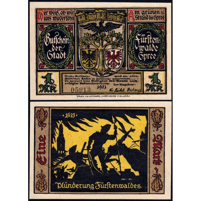 Allemagne - Notgeld - Fürstenwalde - 1 mark - Type 2 - 1921 - Etat : NEUF