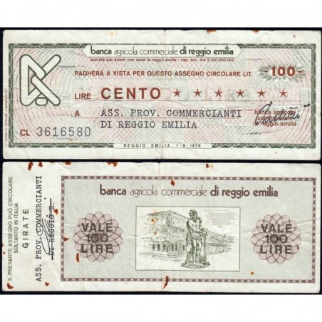 Italie - Miniassegni - Banca Agricola Commerciale di Reggio Emilia - 100 lire - 01/09/1976 - Etat : TB+