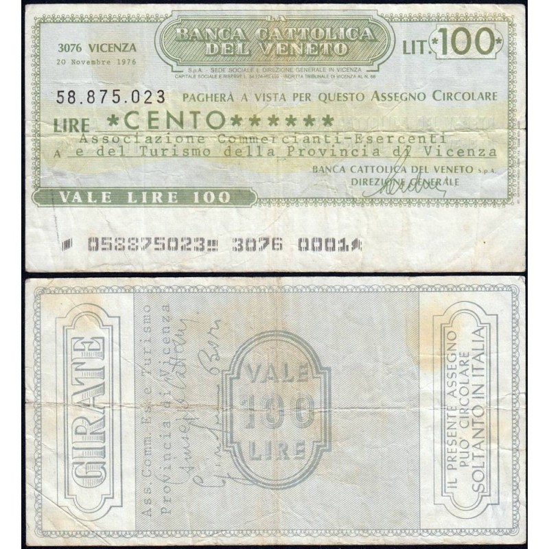 Italie - Miniassegni - La Banca Cattolica del Veneto - 100 lire - 20/11/1976 - Etat : TB+