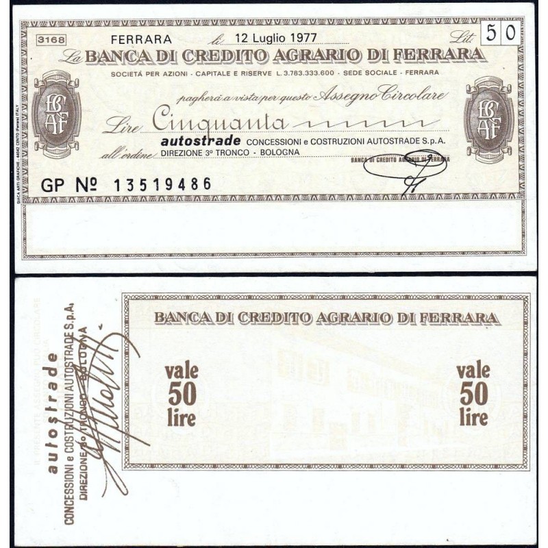 Italie - Miniassegni - La Banca di Credito Agrario du Ferrara - 50 lire - 12/07/1977 - Etat : SPL