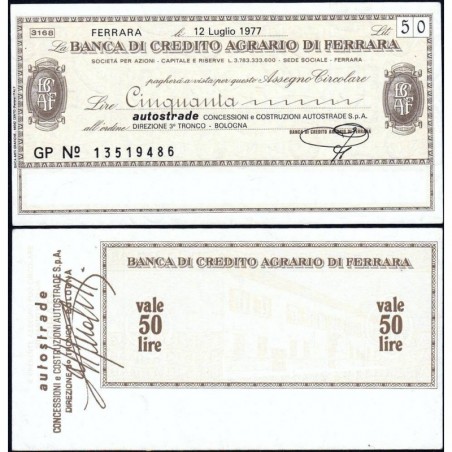 Italie - Miniassegni - La Banca di Credito Agrario du Ferrara - 50 lire - 12/07/1977 - Etat : SPL