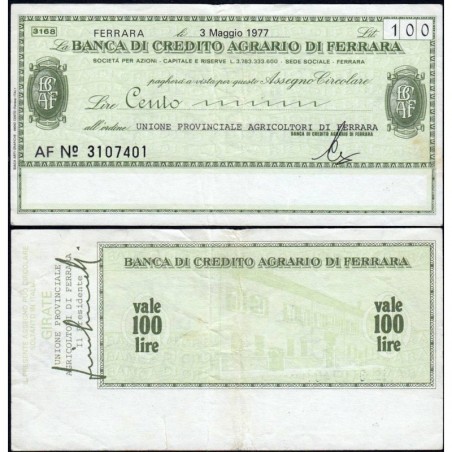 Italie - Miniassegni - La Banca di Credito Agrario du Ferrara - 100 lire - 03/05/1977 - Etat : TTB