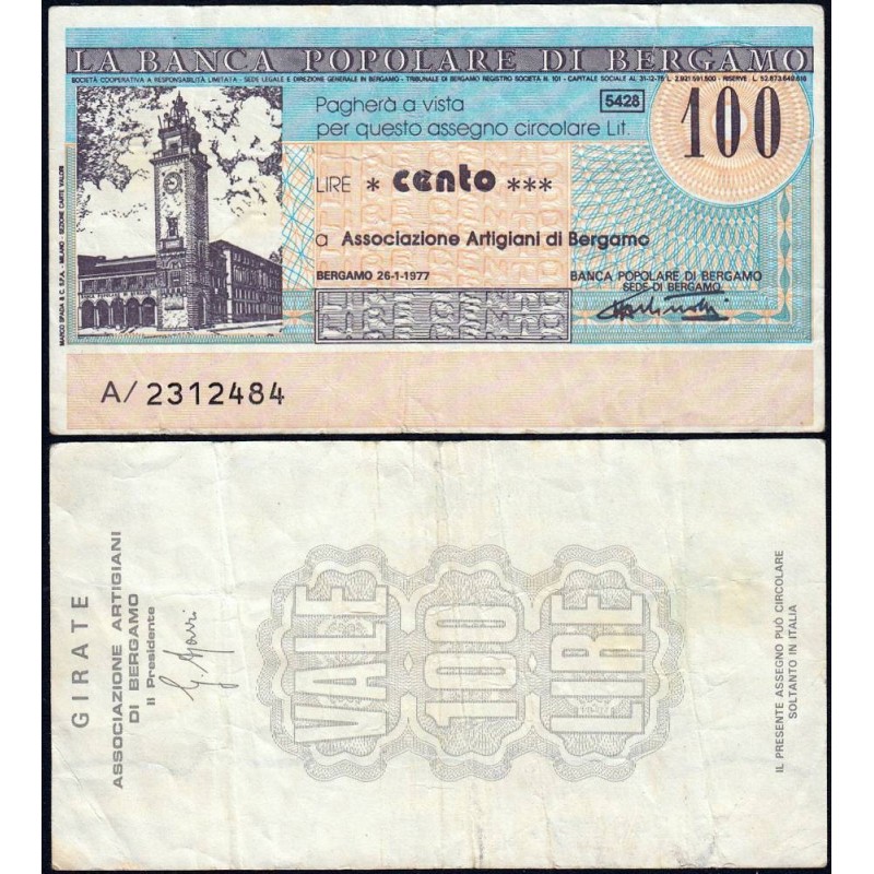 Italie - Miniassegni - La Banca Popolare di Bergamo - 100 lire - 26/01/1977 - Etat : TB+