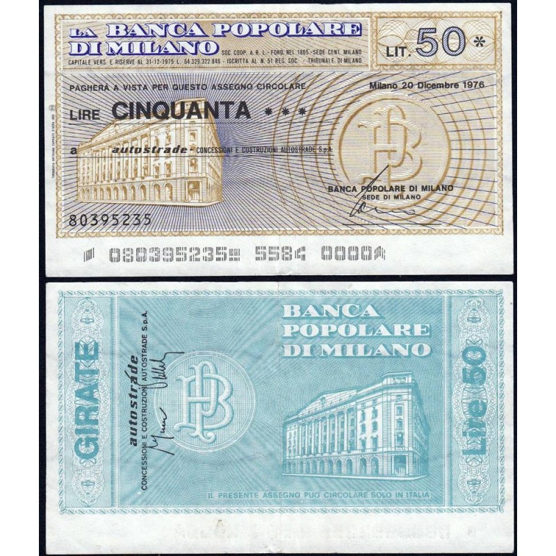 Italie - Miniassegni - La Banca Popolare di Milano - 50 lire - 20/12/1976 - Etat : TTB+