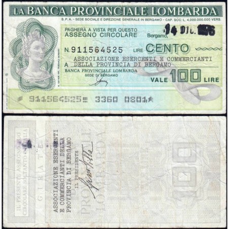 Italie - Miniassegni - La Banca Provinciale Lombarda - 100 lire - 14/12/1976 - Etat : TB