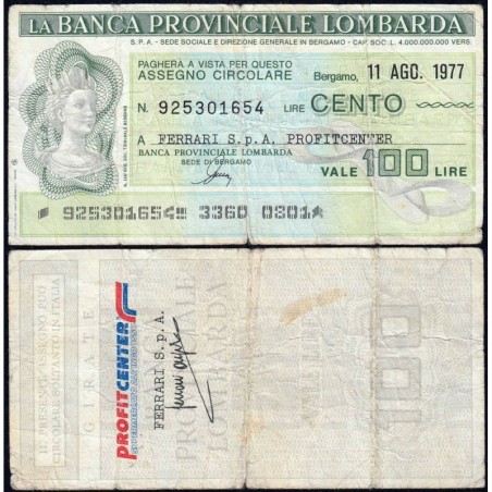 Italie - Miniassegni - La Banca Provinciale Lombarda - 100 lire - 11/08/1977 - Etat : TB-