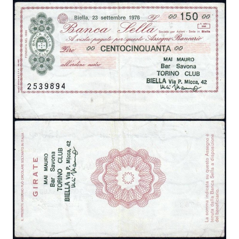 Italie - Miniassegni - Banca Sella - 150 lire - 23/09/1976 - Etat : TTB