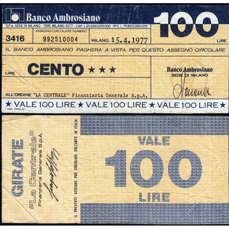 Italie - Miniassegni - Banco Ambrosiano - 100 lire - 15/04/1977 - Etat : TB