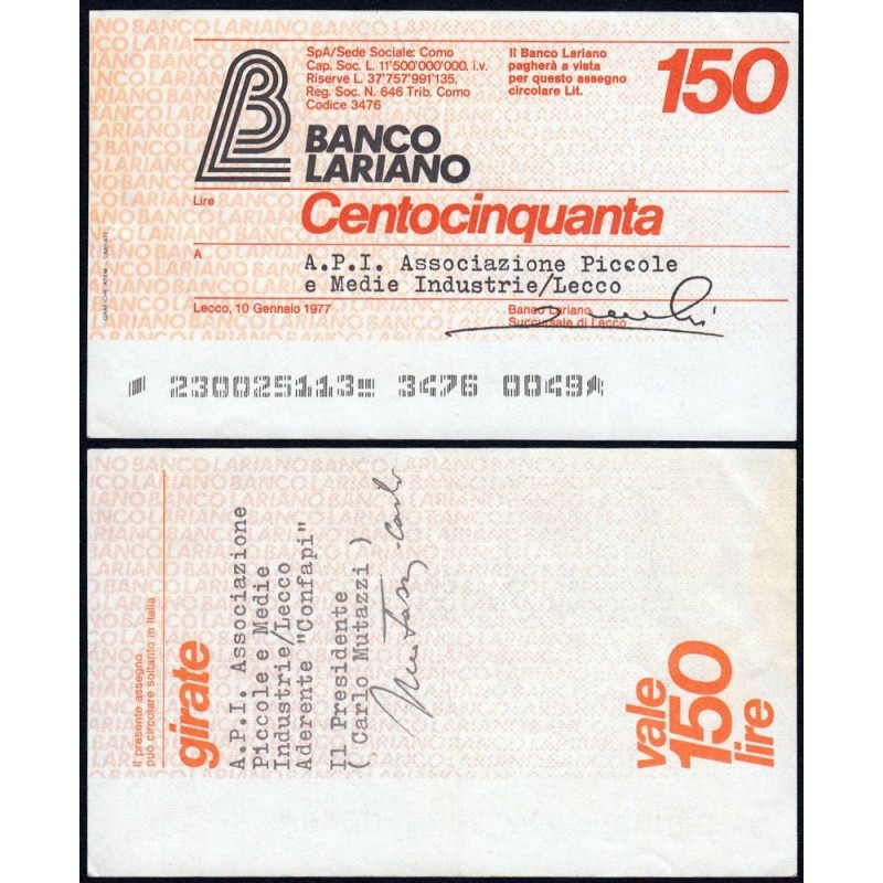 Italie - Miniassegni - Banco Lariano - 150 lire - 10/01/1977 - Etat : SUP