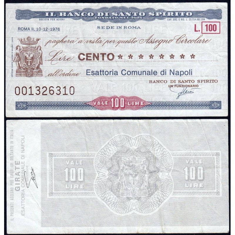 Italie - Miniassegni - Il Banco di Santo Spirito - 100 lire - 10/12/1976 - Etat : TB+