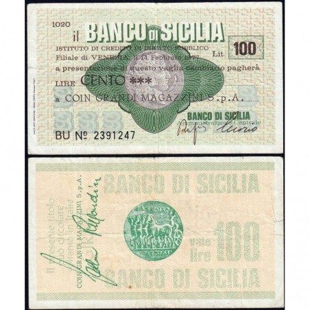 Italie - Miniassegni - Il Banco di Sicilia - 100 lire - 14/02/1977 - Etat : TB+