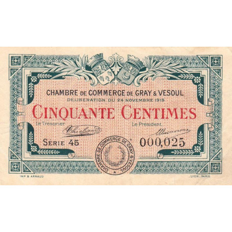 Gray & Vesoul - Pirot 62-11 - 50 centimes - Série 45 - 1919 - Petit numéro - Etat : TTB